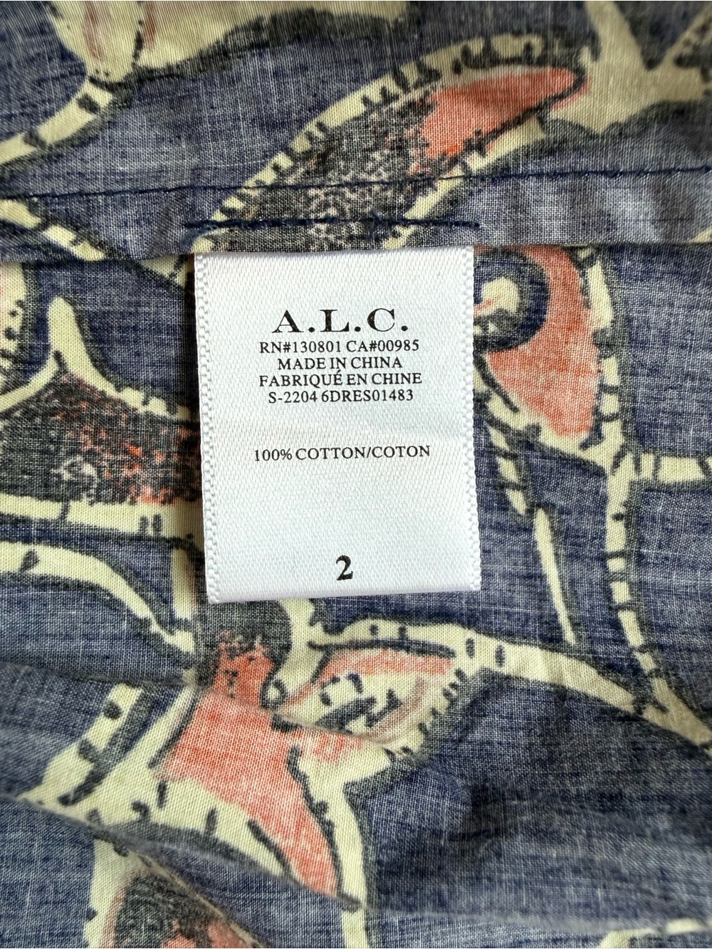 A.L.C. Printed Cotton Dress Size 2 Navy Orange Boho Tie Front Mini - Picture 11 of 11